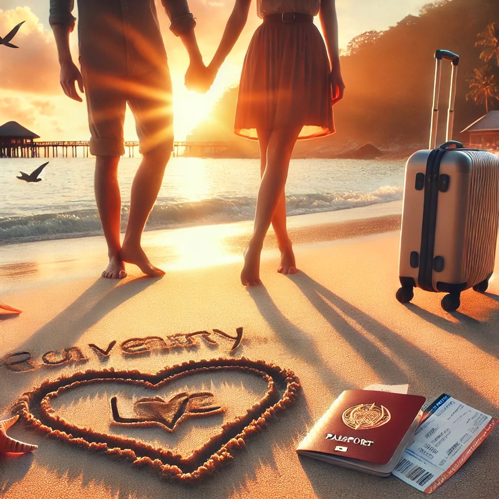 Couple walking hand in hand on a beach at sunset, with 'Anniversary Love' written in the sand, a suitcase, passport, and boarding passes nearby, symbolizing a romantic anniversary getaway.