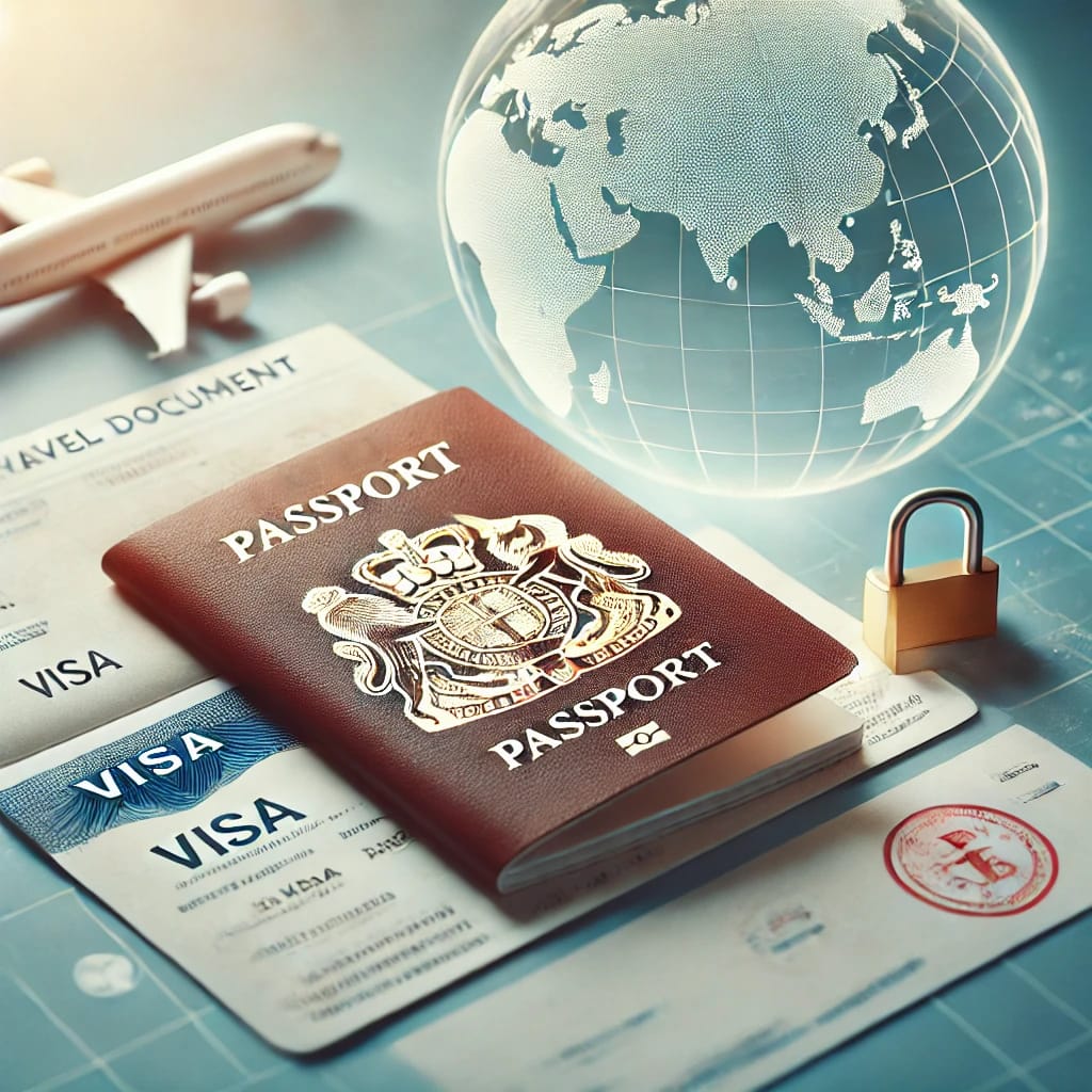 "Travel-themed arrangement featuring a passport, visa documents, a small model airplane, a globe, and a padlock, symbolizing secure and essential travel documentation."