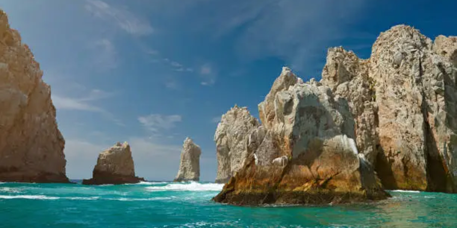 Scenic view of the iconic rock formations at Land's End in Cabo San Lucas, Mexico.