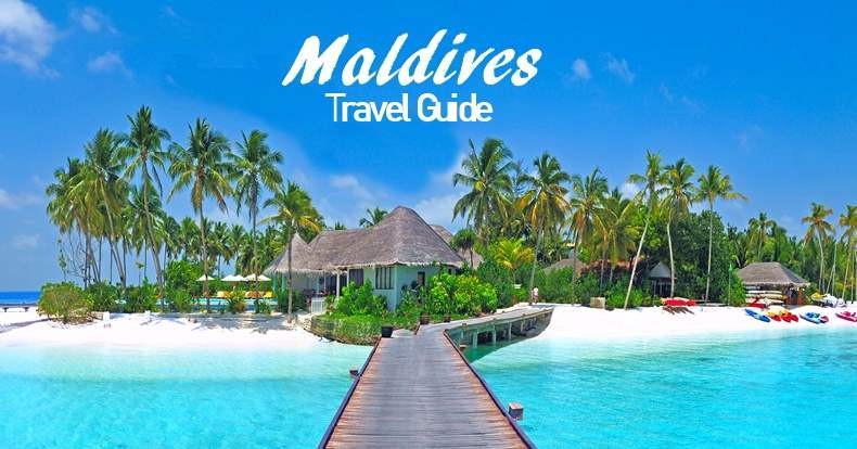 Maldives Travel Guide – A stunning tropical beach with crystal-clear blue water, a wooden walkway leading to a thatched-roof villa, and lush palm trees under a bright blue sky.