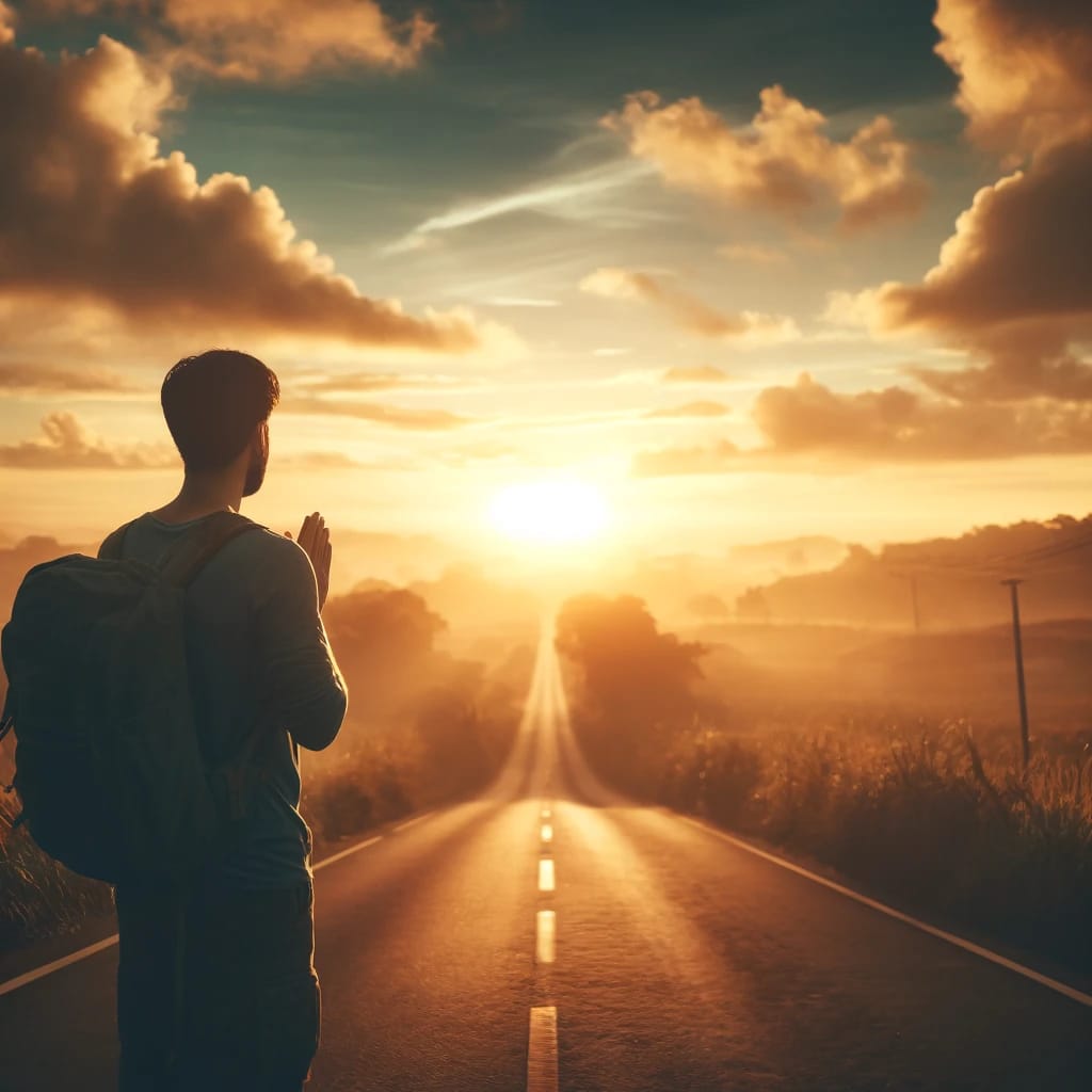 Traveler with a backpack standing on an empty road during sunrise or sunset, symbolizing adventure and new beginnings, with dramatic clouds and a scenic landscape in the background.